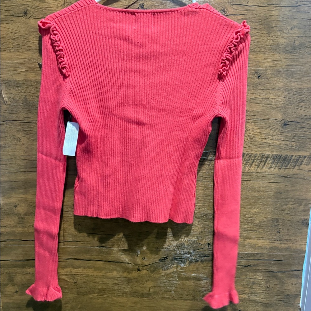 V-Neck Ruffle Trim Ribbed Cardigan - Coral Red - Picture 7 of 8
